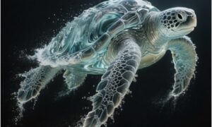 A digital artwork of turtle composed entirely of water, set against a black background