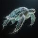 A digital artwork of turtle composed entirely of water, set against a black background