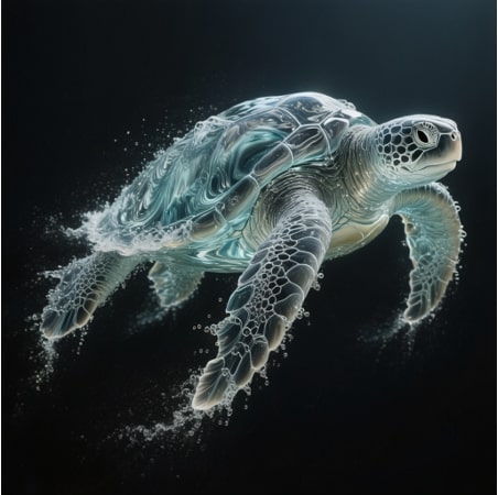 A digital artwork of turtle composed entirely of water, set against a black background