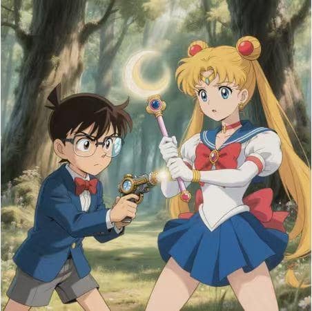 Detective Conan vs. Sailor Moon, in Studio Ghibli animation style