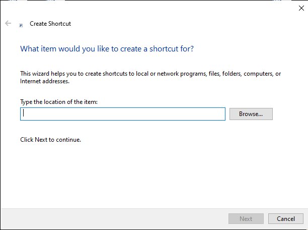 Create Shortcut window will dispay on the screen